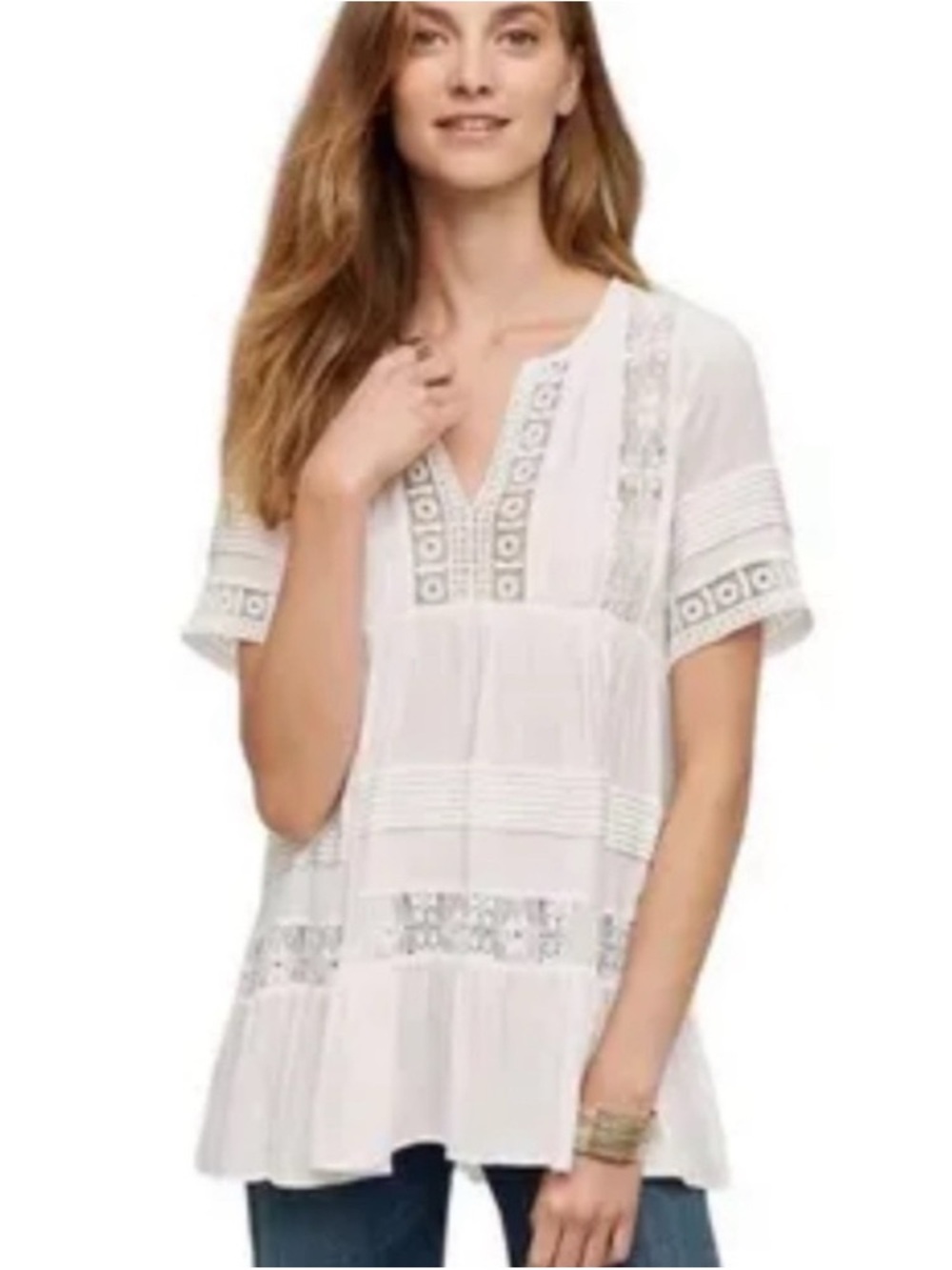 New Anthropologie Maeve White Short Sleeve V-neck Babydoll Top Size Large